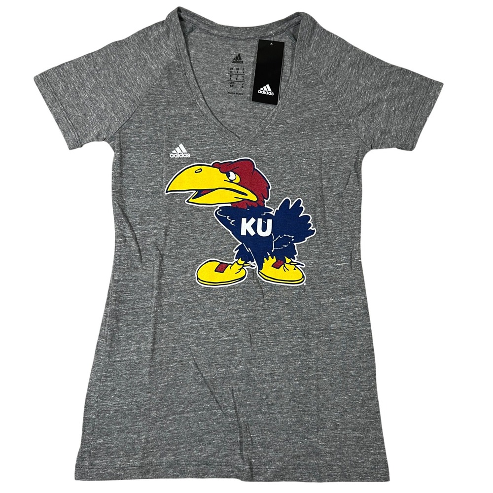 Adidas Kansas Jayhawks‎ Women Small Gray V-Neck T-Shirt NWT KU Jayhawk